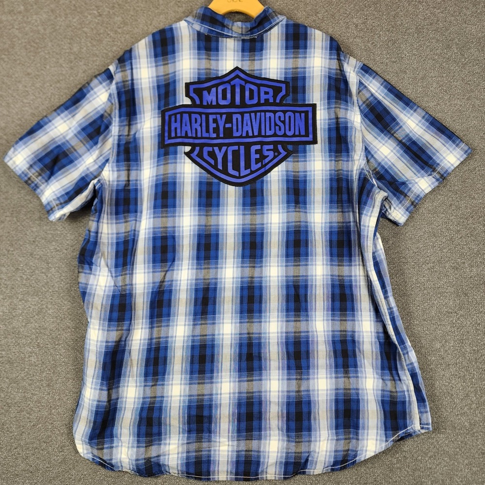 Harley-Davidson Mens 2XL Blue Plaid Short Sleeve Button Down Shirt Back Graphic - Picture 5 of 9